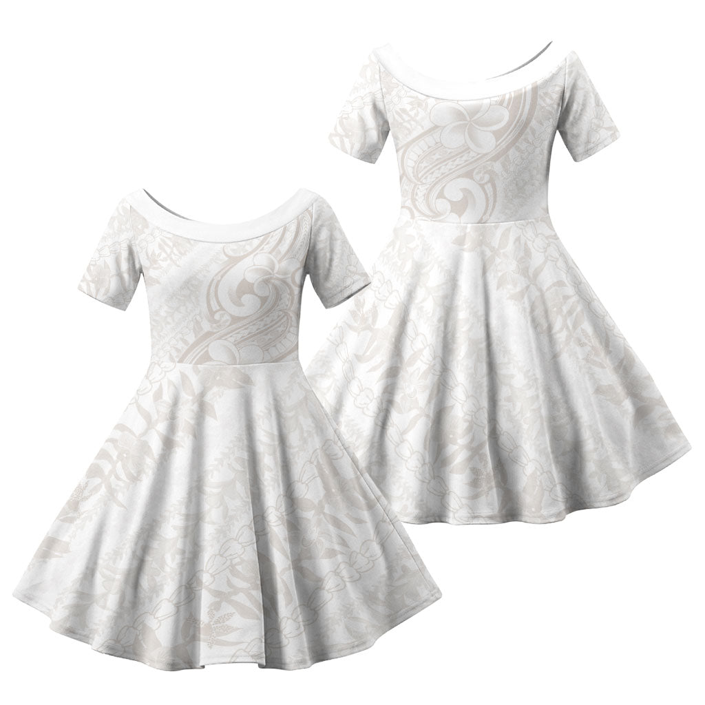 Hawaii Plumeria Lokelani Pikake Lei Family Matching Off Shoulder Short Dress and Hawaiian Shirt Sandy Beige Polynesian Tattoo LT9 Daughter's Dress Beige - Polynesian Pride