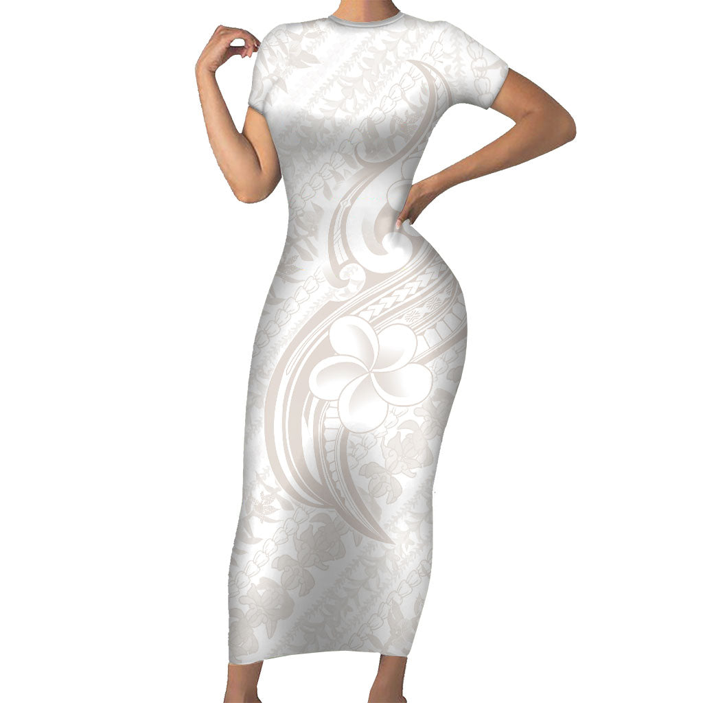 Hawaii Plumeria Lokelani Pikake Lei Family Matching Short Sleeve Bodycon Dress and Hawaiian Shirt Sandy Beige Polynesian Tattoo