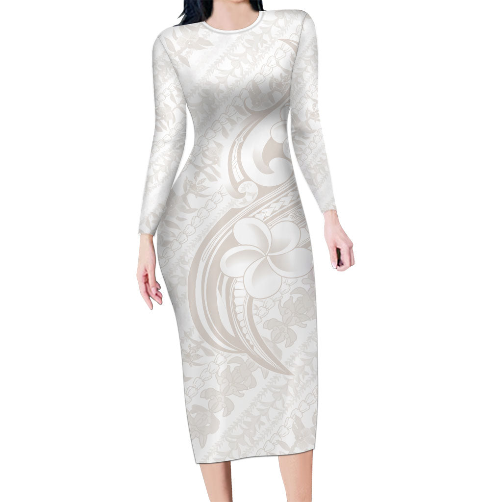 Hawaii Plumeria Lokelani Pikake Lei Long Sleeve Bodycon Dress Sandy Beige Polynesian Tattoo LT9 Long Dress Beige - Polynesian Pride
