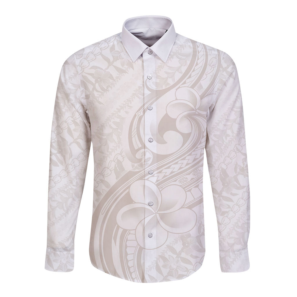 Hawaii Plumeria Lokelani Pikake Lei Long Sleeve Button Shirt Sandy Beige Polynesian Tattoo LT9 Unisex Beige - Polynesian Pride