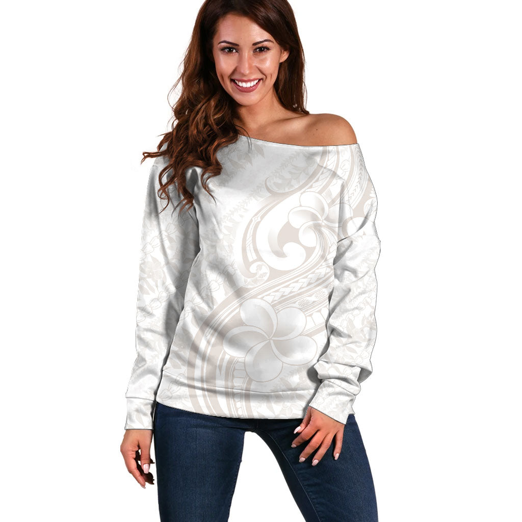 Hawaii Plumeria Lokelani Pikake Lei Off Shoulder Sweater Sandy Beige Polynesian Tattoo LT9 Women Beige - Polynesian Pride