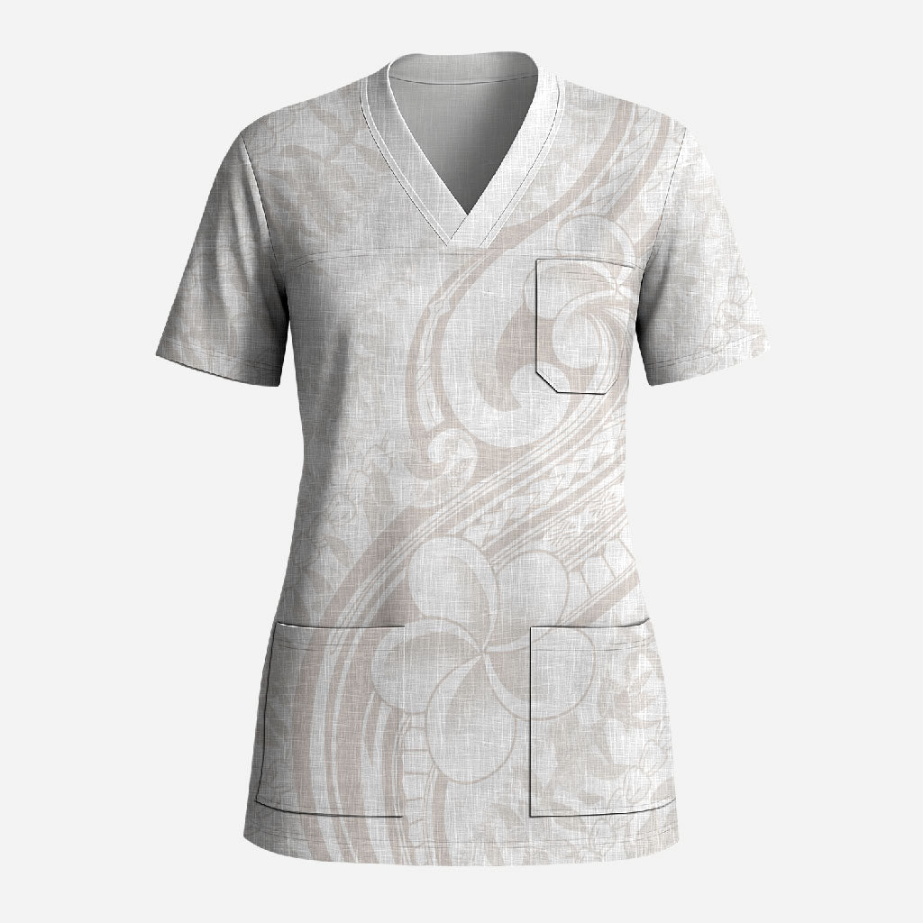 Hawaii Plumeria Lokelani Pikake Lei Scrub Top Sandy Beige Polynesian Tattoo LT9 Adult Beige - Polynesian Pride