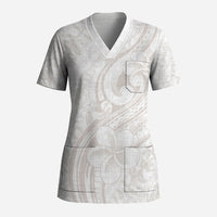 Hawaii Plumeria Lokelani Pikake Lei Scrub Top Sandy Beige Polynesian Tattoo