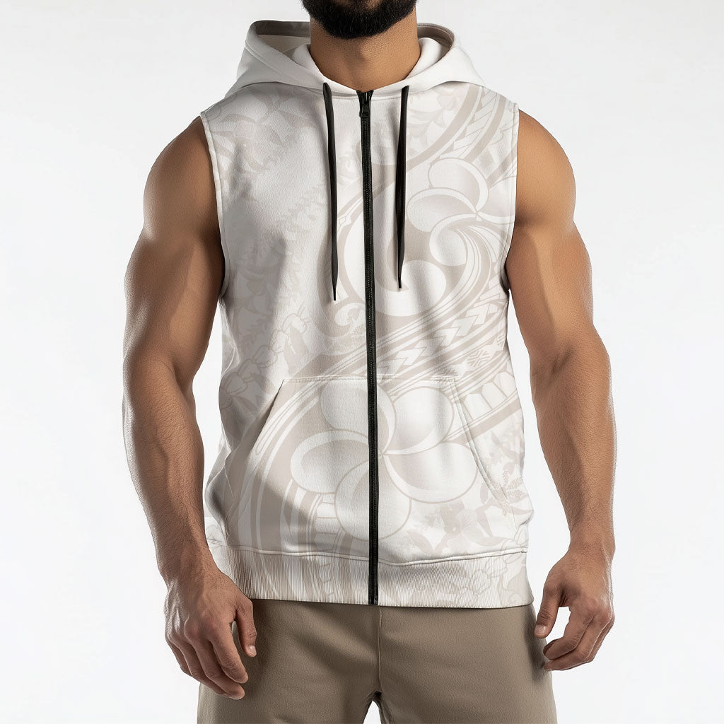 Hawaii Plumeria Lokelani Pikake Lei Sleeveless Zip Hoodie Sandy Beige Polynesian Tattoo