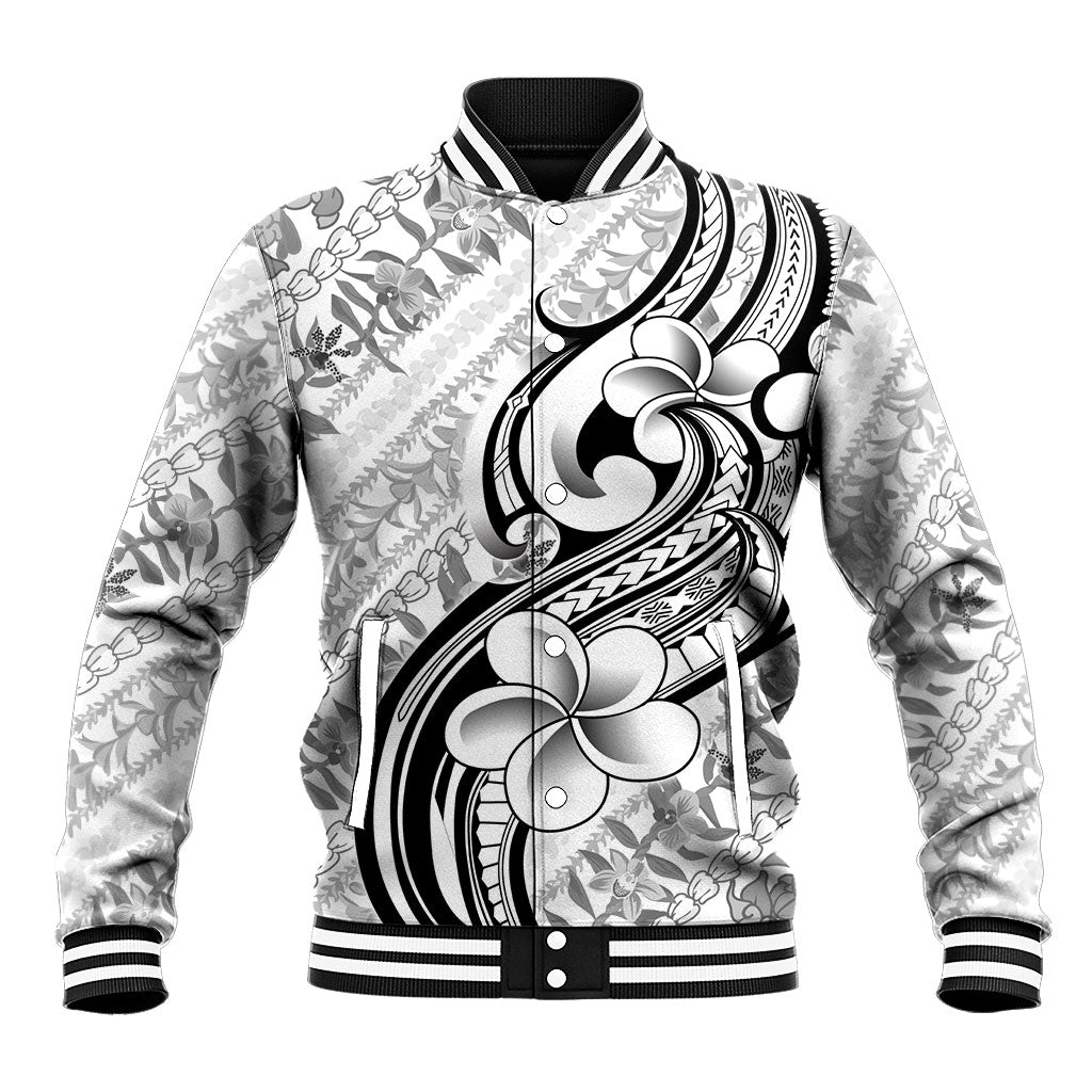 Hawaii Plumeria Lokelani Pikake Lei Baseball Jacket Ele'ele Polynesian Tattoo LT9 Unisex Black - Polynesian Pride