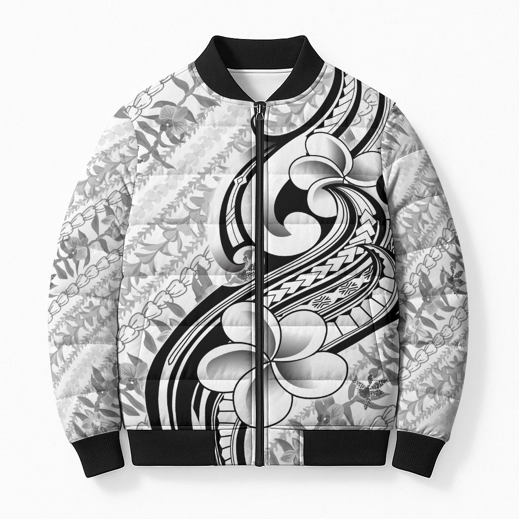 Hawaii Plumeria Lokelani Pikake Lei Bomber Puffer Jacket Ele'ele Polynesian Tattoo LT9 Unisex Black - Polynesian Pride