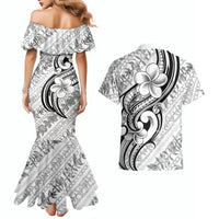 Hawaii Plumeria Lokelani Pikake Lei Couples Matching Mermaid Dress and Hawaiian Shirt Ele'ele Polynesian Tattoo