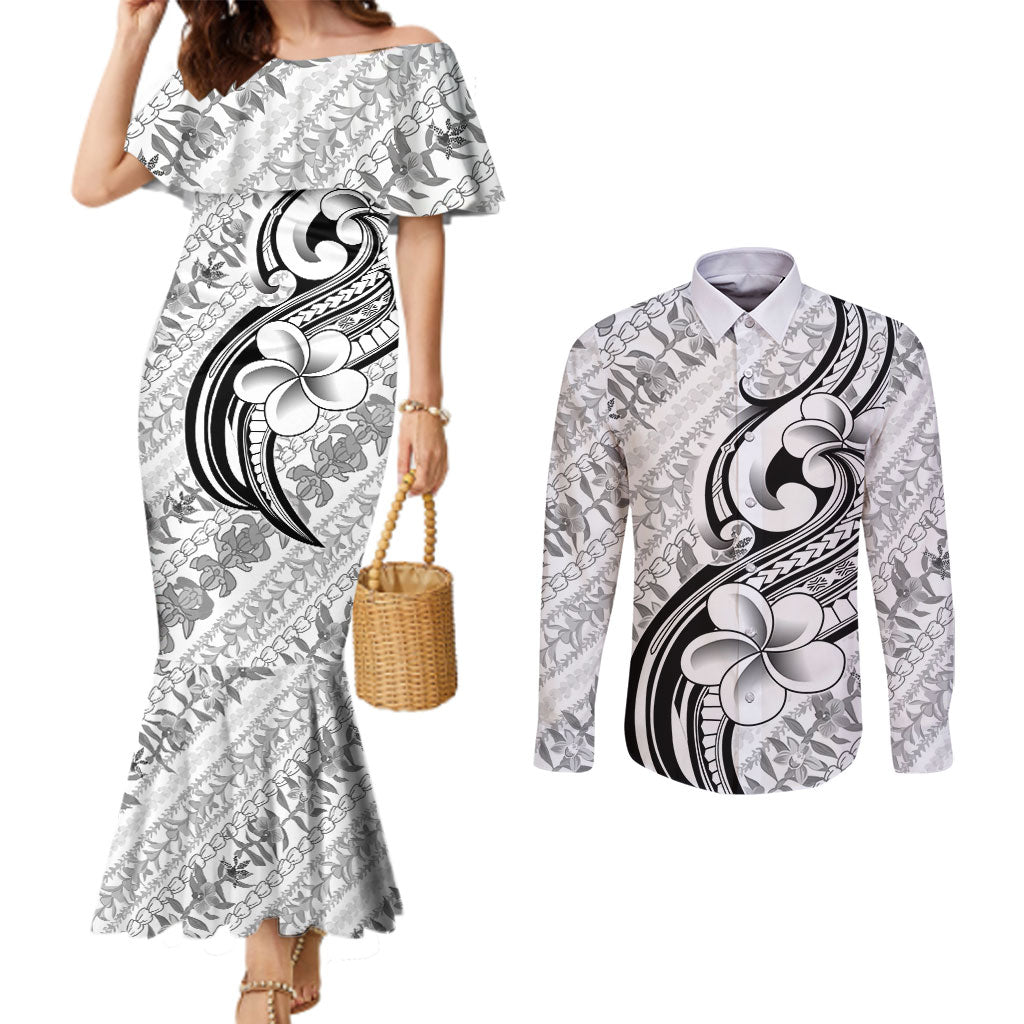 Hawaii Plumeria Lokelani Pikake Lei Couples Matching Mermaid Dress and Long Sleeve Button Shirt Ele'ele Polynesian Tattoo LT9 Black - Polynesian Pride