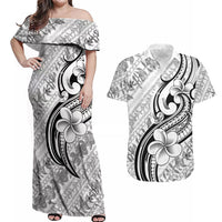 Hawaii Plumeria Lokelani Pikake Lei Couples Matching Off Shoulder Maxi Dress and Hawaiian Shirt Ele'ele Polynesian Tattoo