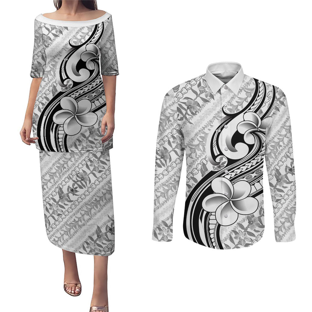 Hawaii Plumeria Lokelani Pikake Lei Couples Matching Puletasi and Long Sleeve Button Shirt Ele'ele Polynesian Tattoo LT9 Black - Polynesian Pride