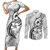 Hawaii Plumeria Lokelani Pikake Lei Couples Matching Short Sleeve Bodycon Dress and Long Sleeve Button Shirt Ele'ele Polynesian Tattoo