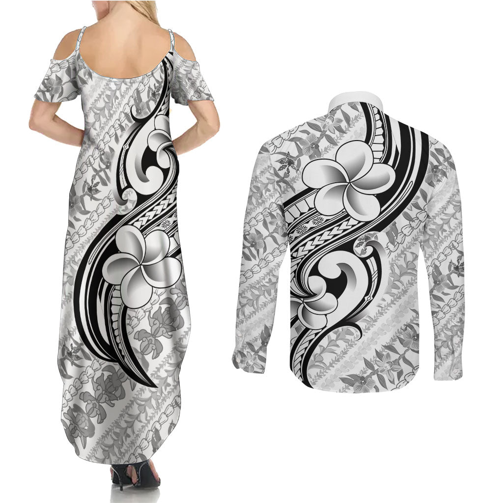 Hawaii Plumeria Lokelani Pikake Lei Couples Matching Summer Maxi Dress and Long Sleeve Button Shirt Ele'ele Polynesian Tattoo
