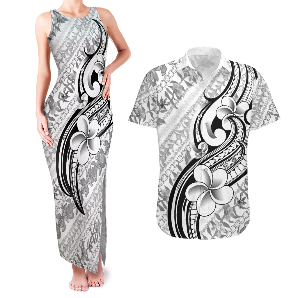 Hawaii Plumeria Lokelani Pikake Lei Couples Matching Tank Maxi Dress and Hawaiian Shirt Ele'ele Polynesian Tattoo LT9 Black - Polynesian Pride