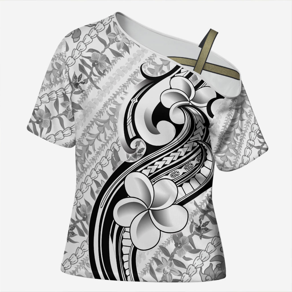 Hawaii Plumeria Lokelani Pikake Lei Cross Shoulder Shirt Ele'ele Polynesian Tattoo LT9 Female Black - Polynesian Pride