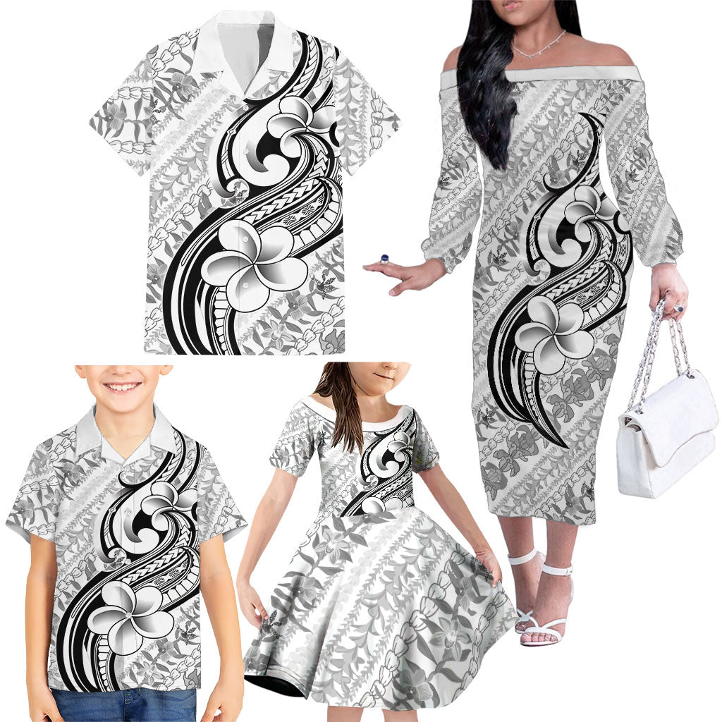 Hawaii Plumeria Lokelani Pikake Lei Family Matching Off The Shoulder Long Sleeve Dress and Hawaiian Shirt Ele'ele Polynesian Tattoo