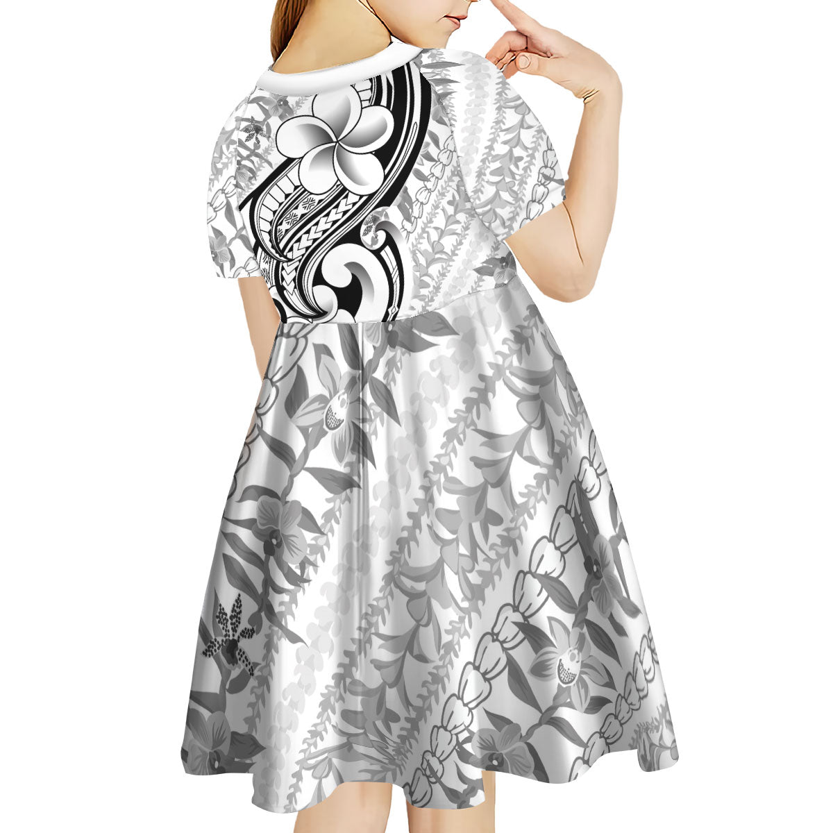 Hawaii Plumeria Lokelani Pikake Lei Kid Short Sleeve Dress Ele'ele Polynesian Tattoo LT9 - Polynesian Pride
