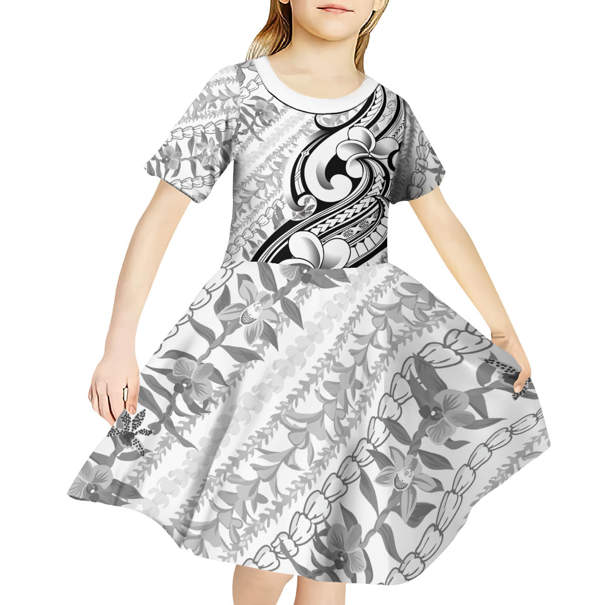 Hawaii Plumeria Lokelani Pikake Lei Kid Short Sleeve Dress Ele'ele Polynesian Tattoo LT9 - Polynesian Pride