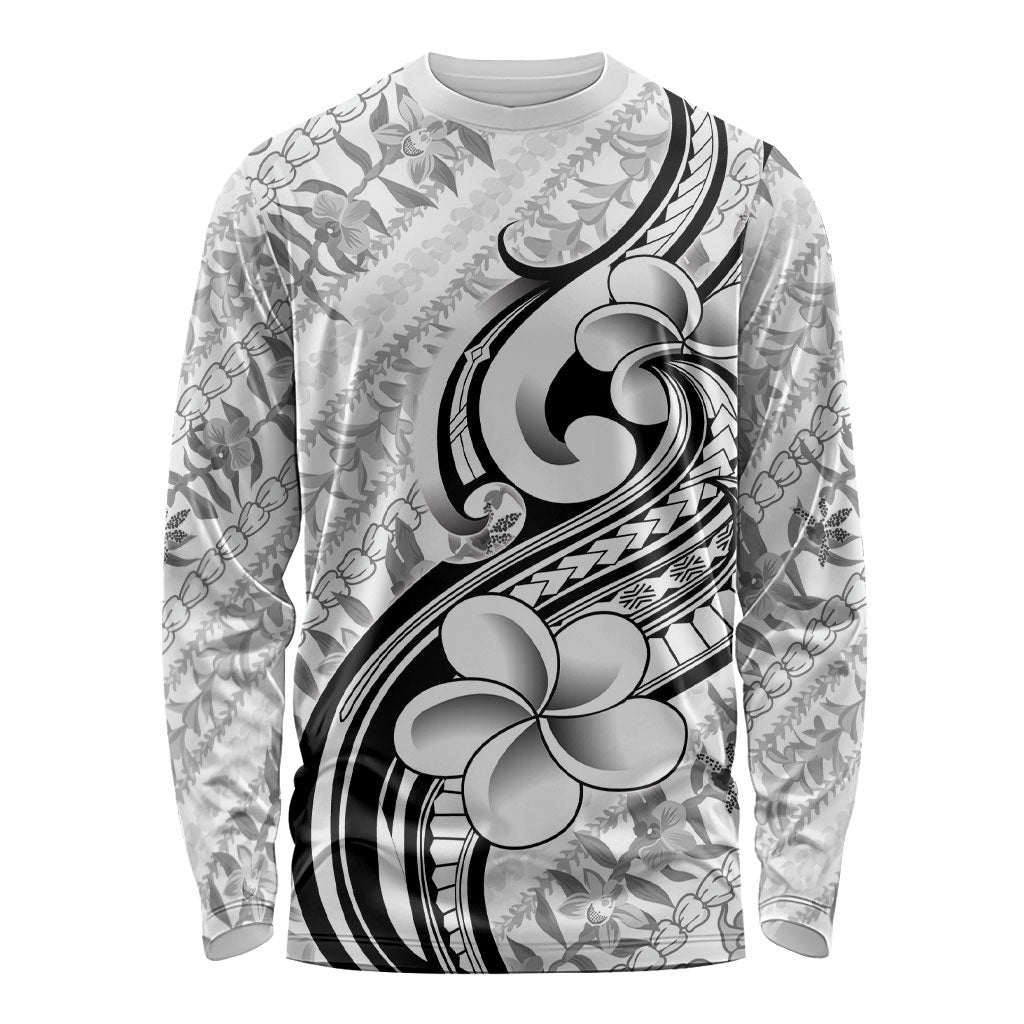 Hawaii Plumeria Lokelani Pikake Lei Long Sleeve Shirt Ele'ele Polynesian Tattoo LT9 Unisex Black - Polynesian Pride