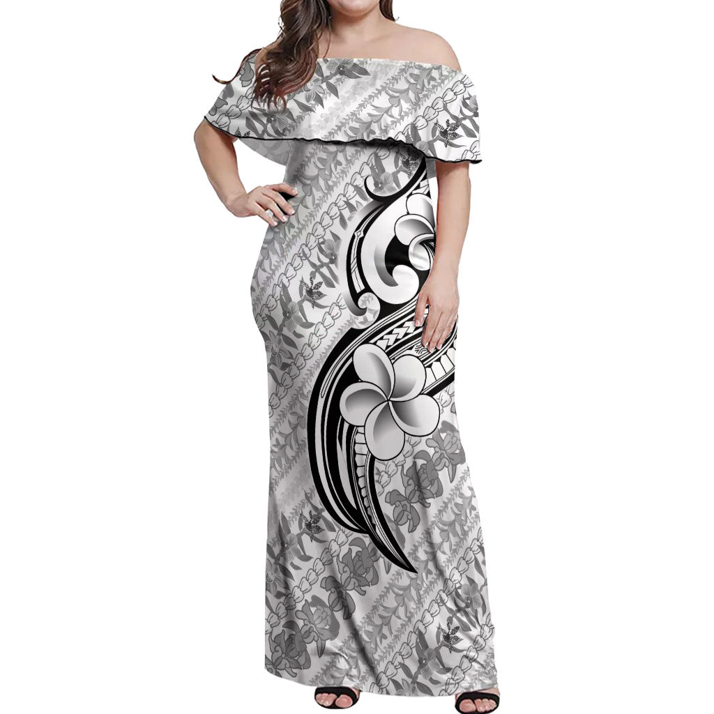 Hawaii Plumeria Lokelani Pikake Lei Off Shoulder Maxi Dress Ele'ele Polynesian Tattoo LT9 Women Black - Polynesian Pride