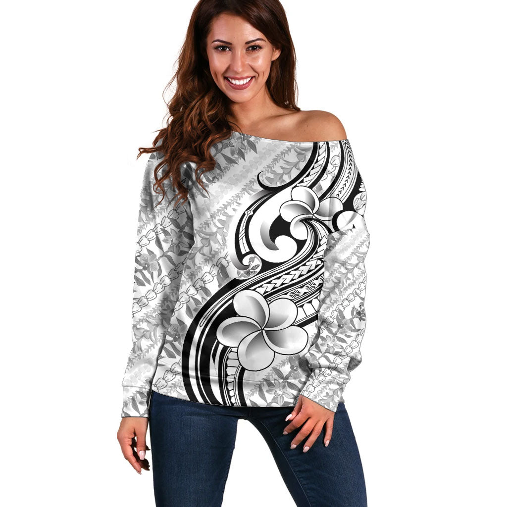 Hawaii Plumeria Lokelani Pikake Lei Off Shoulder Sweater Ele'ele Polynesian Tattoo LT9 Women Black - Polynesian Pride