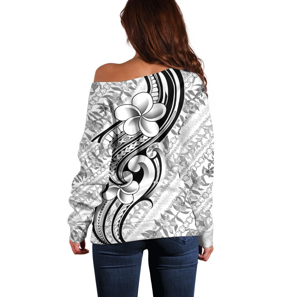 Hawaii Plumeria Lokelani Pikake Lei Off Shoulder Sweater Ele'ele Polynesian Tattoo LT9 - Polynesian Pride