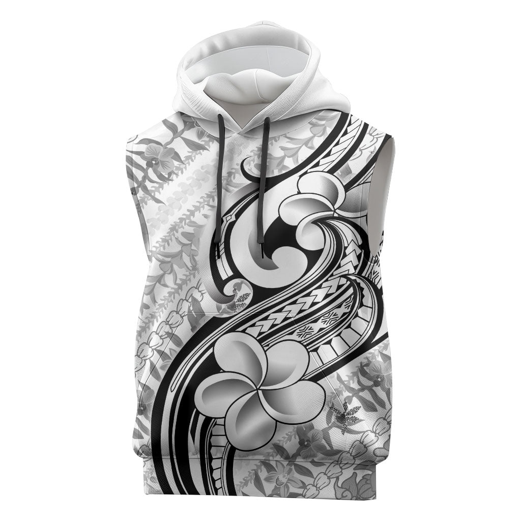 Hawaii Plumeria Lokelani Pikake Lei Sleeveless Hoodie Ele'ele Polynesian Tattoo LT9 Black - Polynesian Pride