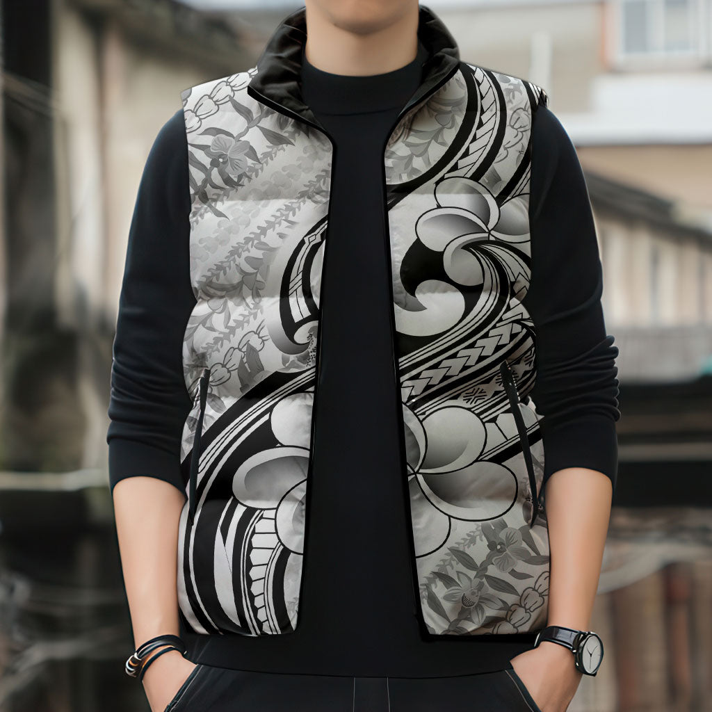 Hawaii Plumeria Lokelani Pikake Lei Sleeveless Puffer Jacket Ele'ele Polynesian Tattoo LT9 - Polynesian Pride