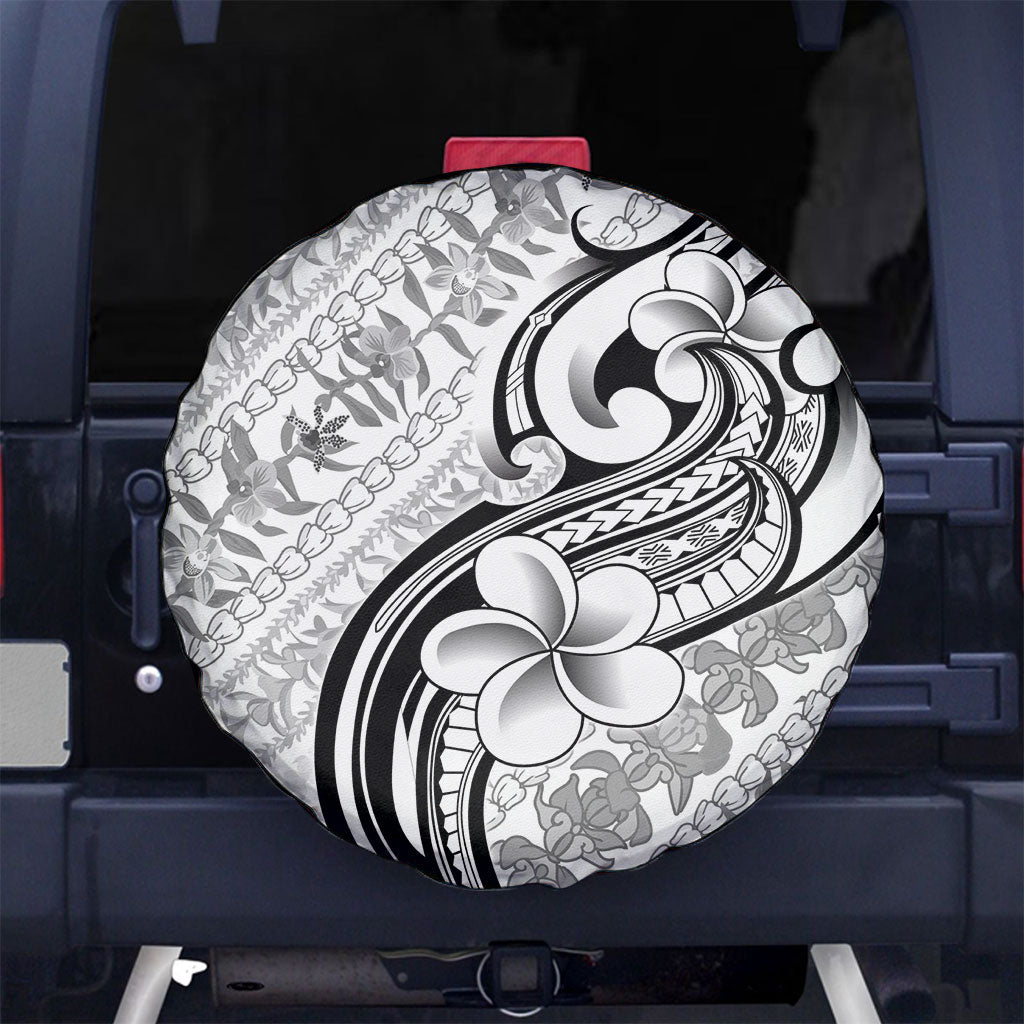 Hawaii Plumeria Lokelani Pikake Lei Spare Tire Cover Ele'ele Polynesian Tattoo LT9 No hole Black - Polynesian Pride