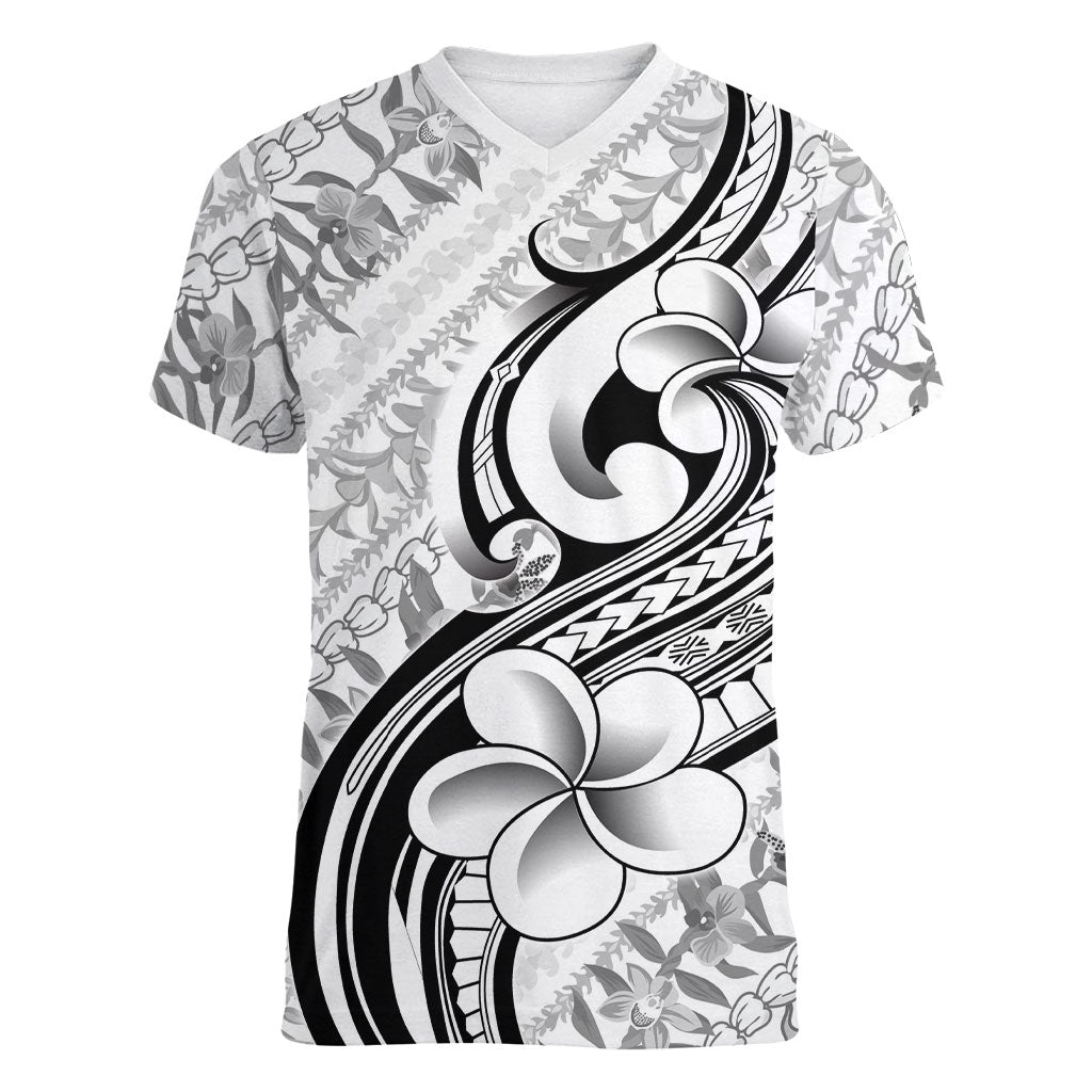 Hawaii Plumeria Lokelani Pikake Lei Women V-Neck T-Shirt Ele'ele Polynesian Tattoo LT9 Female Black - Polynesian Pride