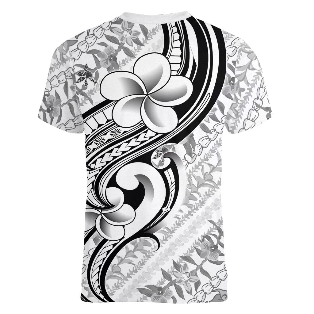 Hawaii Plumeria Lokelani Pikake Lei Women V-Neck T-Shirt Ele'ele Polynesian Tattoo
