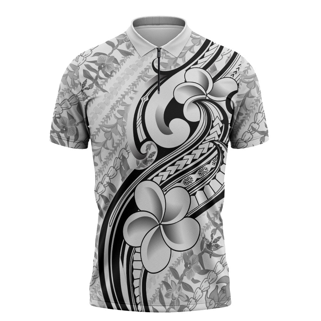 Hawaii Plumeria Lokelani Pikake Lei Zipper Polo Shirt Ele'ele Polynesian Tattoo LT9 Black - Polynesian Pride