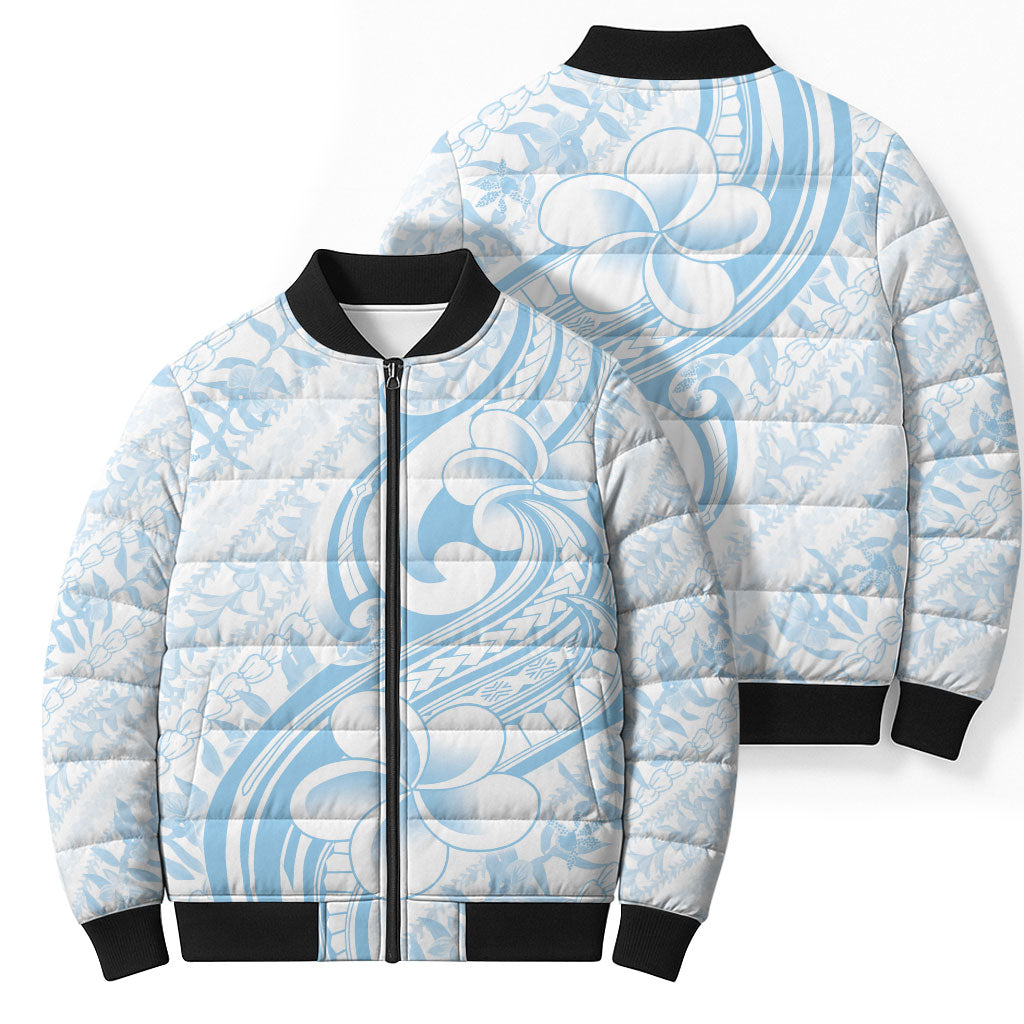 Hawaii Plumeria Lokelani Pikake Lei Bomber Puffer Jacket Uliuli Polynesian Tattoo