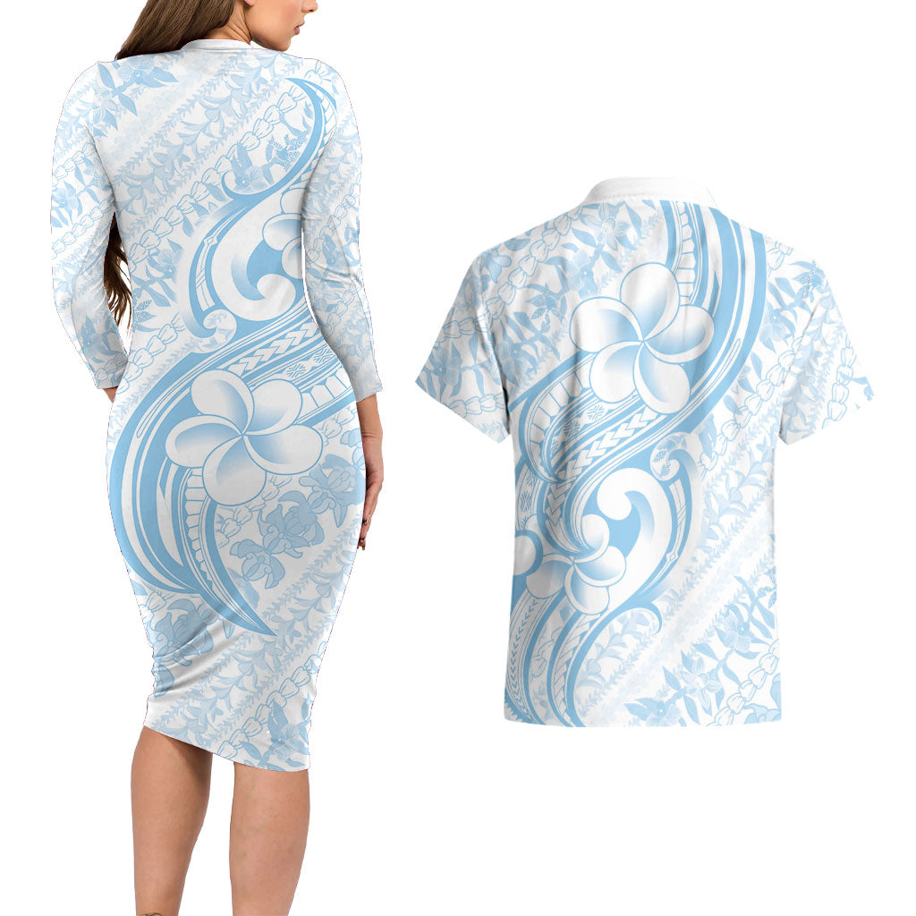 Hawaii Plumeria Lokelani Pikake Lei Couples Matching Long Sleeve Bodycon Dress and Hawaiian Shirt Uliuli Polynesian Tattoo