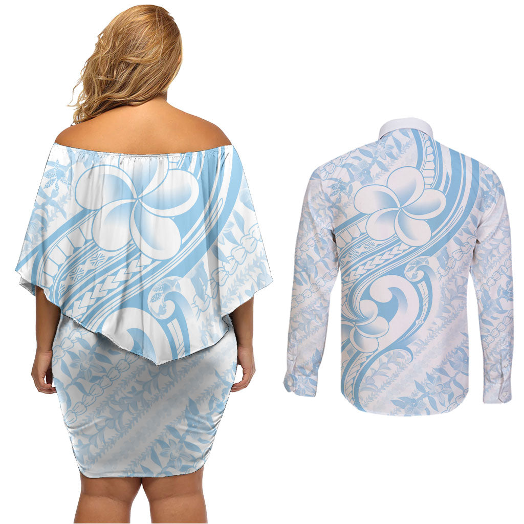 Hawaii Plumeria Lokelani Pikake Lei Couples Matching Off Shoulder Short Dress and Long Sleeve Button Shirt Uliuli Polynesian Tattoo