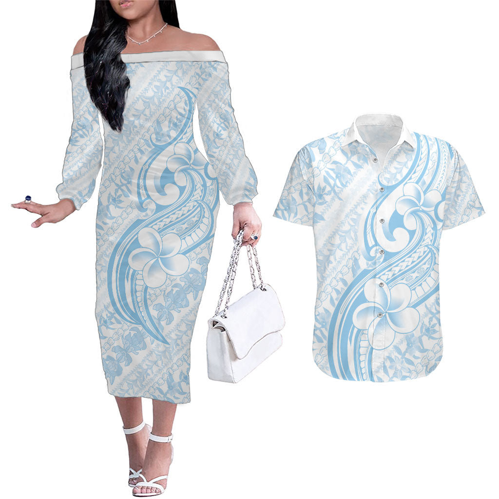 Hawaii Plumeria Lokelani Pikake Lei Couples Matching Off The Shoulder Long Sleeve Dress and Hawaiian Shirt Uliuli Polynesian Tattoo LT9 Blue - Polynesian Pride