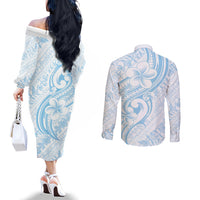 Hawaii Plumeria Lokelani Pikake Lei Couples Matching Off The Shoulder Long Sleeve Dress and Long Sleeve Button Shirt Uliuli Polynesian Tattoo