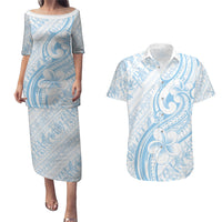 Hawaii Plumeria Lokelani Pikake Lei Couples Matching Puletasi and Hawaiian Shirt Uliuli Polynesian Tattoo