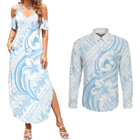 Hawaii Plumeria Lokelani Pikake Lei Couples Matching Summer Maxi Dress and Long Sleeve Button Shirt Uliuli Polynesian Tattoo