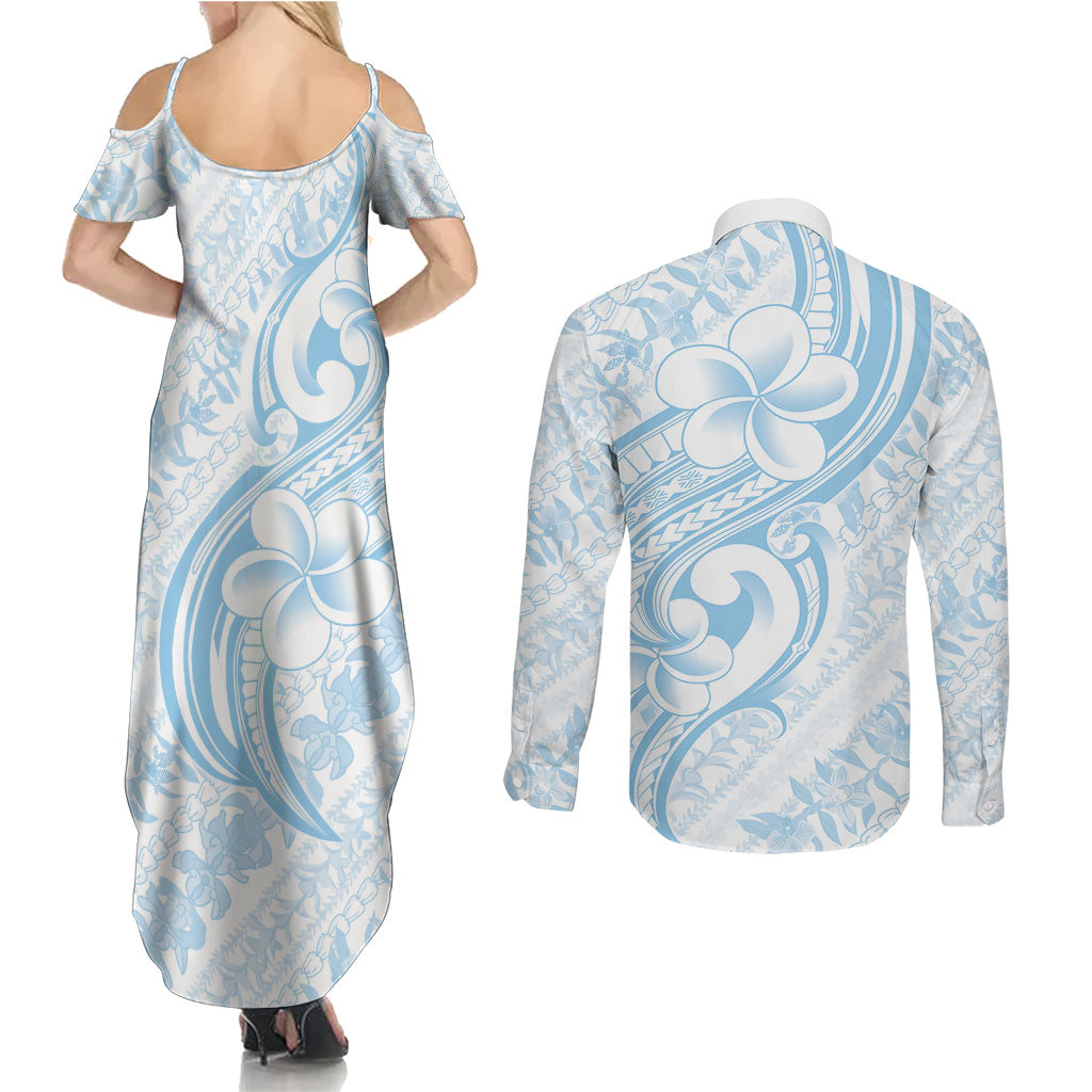 Hawaii Plumeria Lokelani Pikake Lei Couples Matching Summer Maxi Dress and Long Sleeve Button Shirt Uliuli Polynesian Tattoo
