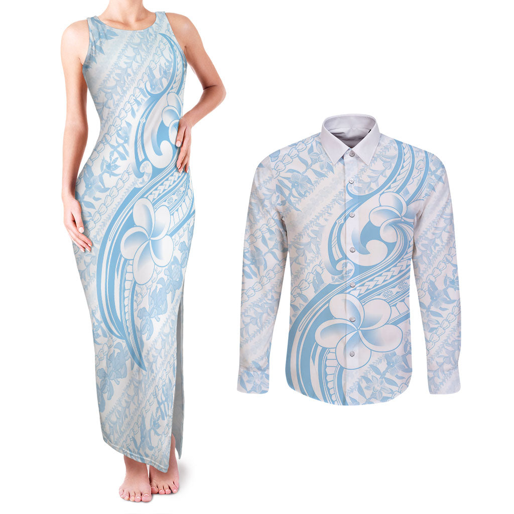 Hawaii Plumeria Lokelani Pikake Lei Couples Matching Tank Maxi Dress and Long Sleeve Button Shirt Uliuli Polynesian Tattoo LT9 Blue - Polynesian Pride