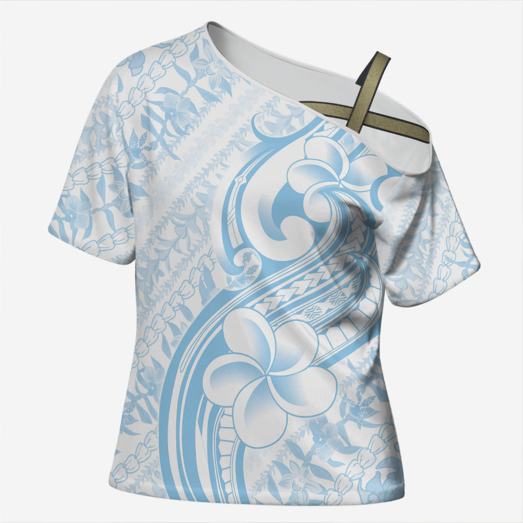 Hawaii Plumeria Lokelani Pikake Lei Cross Shoulder Shirt Uliuli Polynesian Tattoo LT9 Female Blue - Polynesian Pride