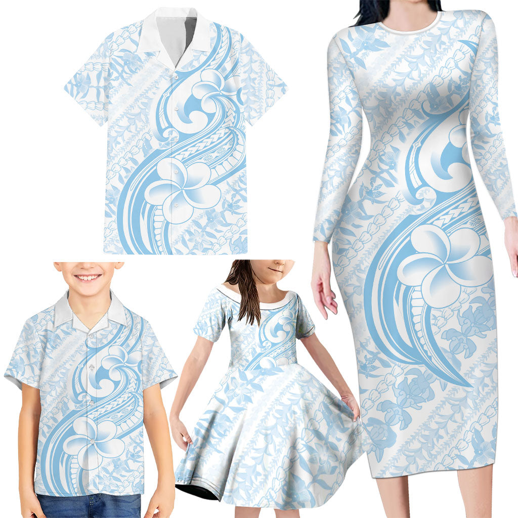 Hawaii Plumeria Lokelani Pikake Lei Family Matching Long Sleeve Bodycon Dress and Hawaiian Shirt Uliuli Polynesian Tattoo