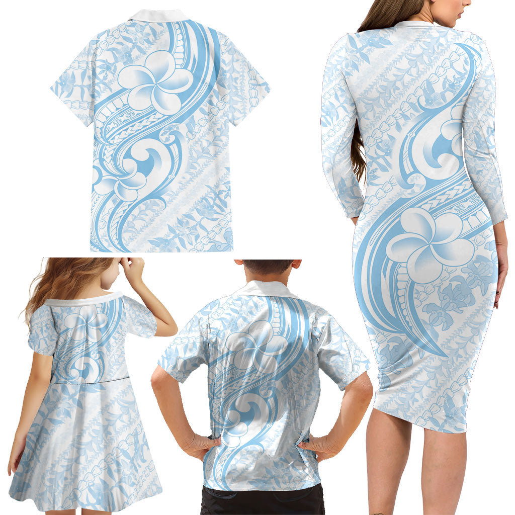 Hawaii Plumeria Lokelani Pikake Lei Family Matching Long Sleeve Bodycon Dress and Hawaiian Shirt Uliuli Polynesian Tattoo