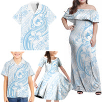 Hawaii Plumeria Lokelani Pikake Lei Family Matching Off Shoulder Maxi Dress and Hawaiian Shirt Uliuli Polynesian Tattoo