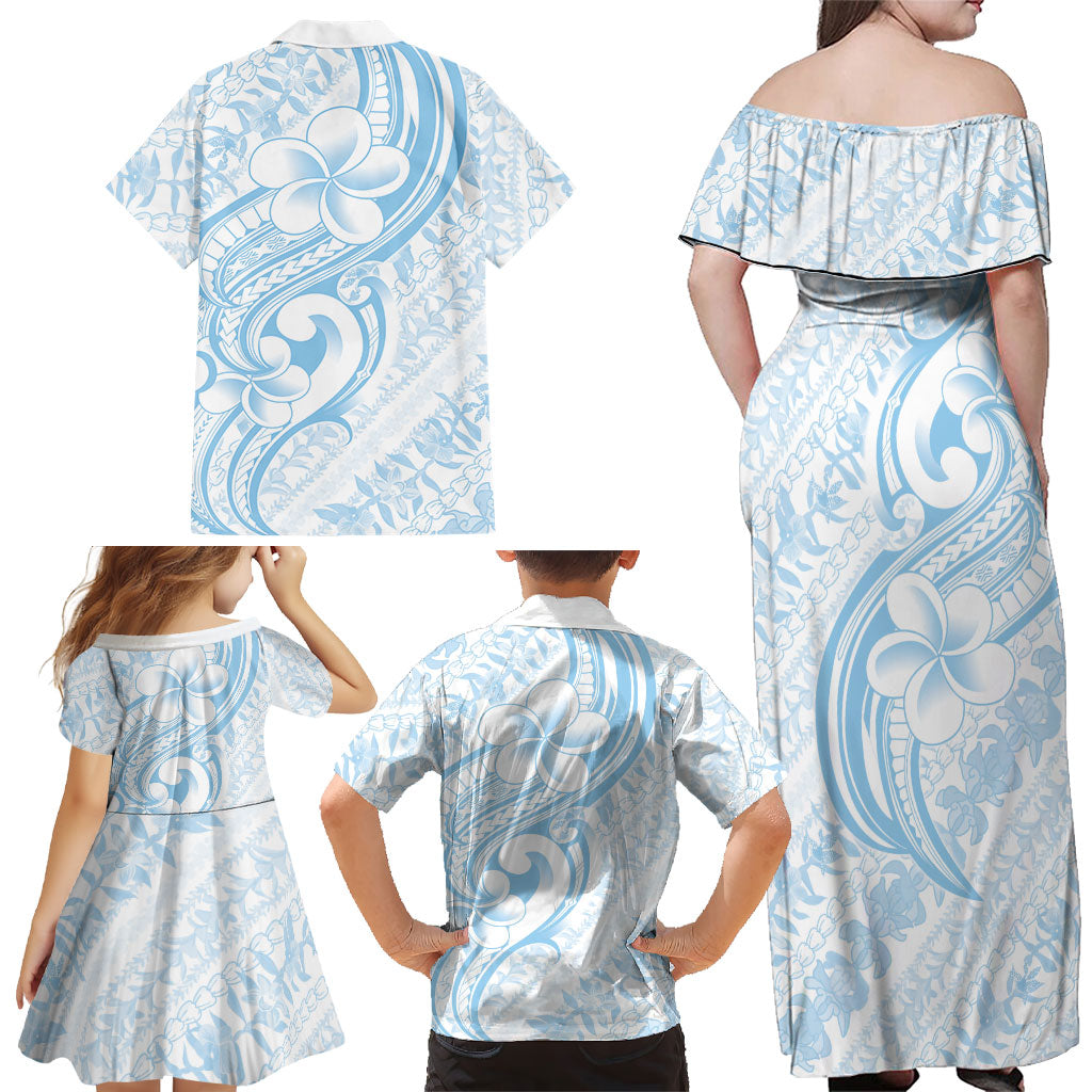 Hawaii Plumeria Lokelani Pikake Lei Family Matching Off Shoulder Maxi Dress and Hawaiian Shirt Uliuli Polynesian Tattoo