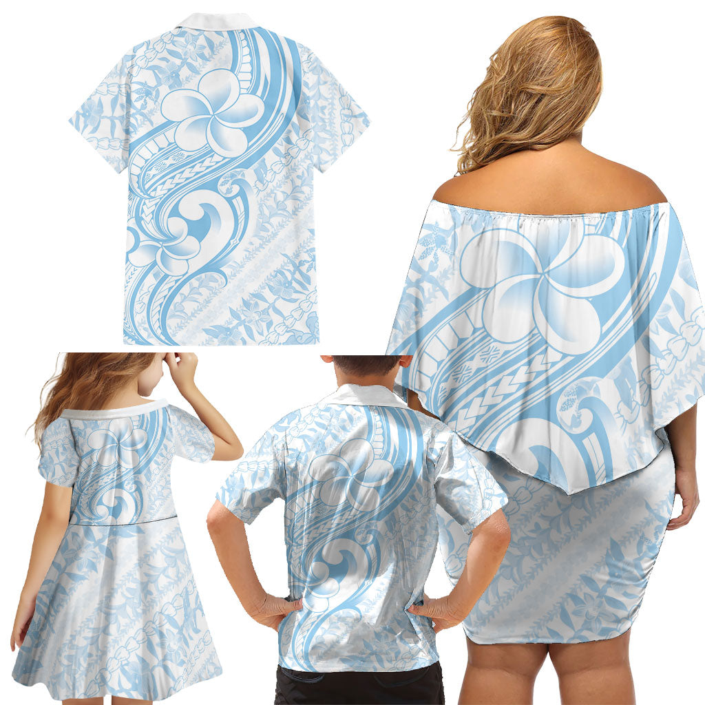 Hawaii Plumeria Lokelani Pikake Lei Family Matching Off Shoulder Short Dress and Hawaiian Shirt Uliuli Polynesian Tattoo