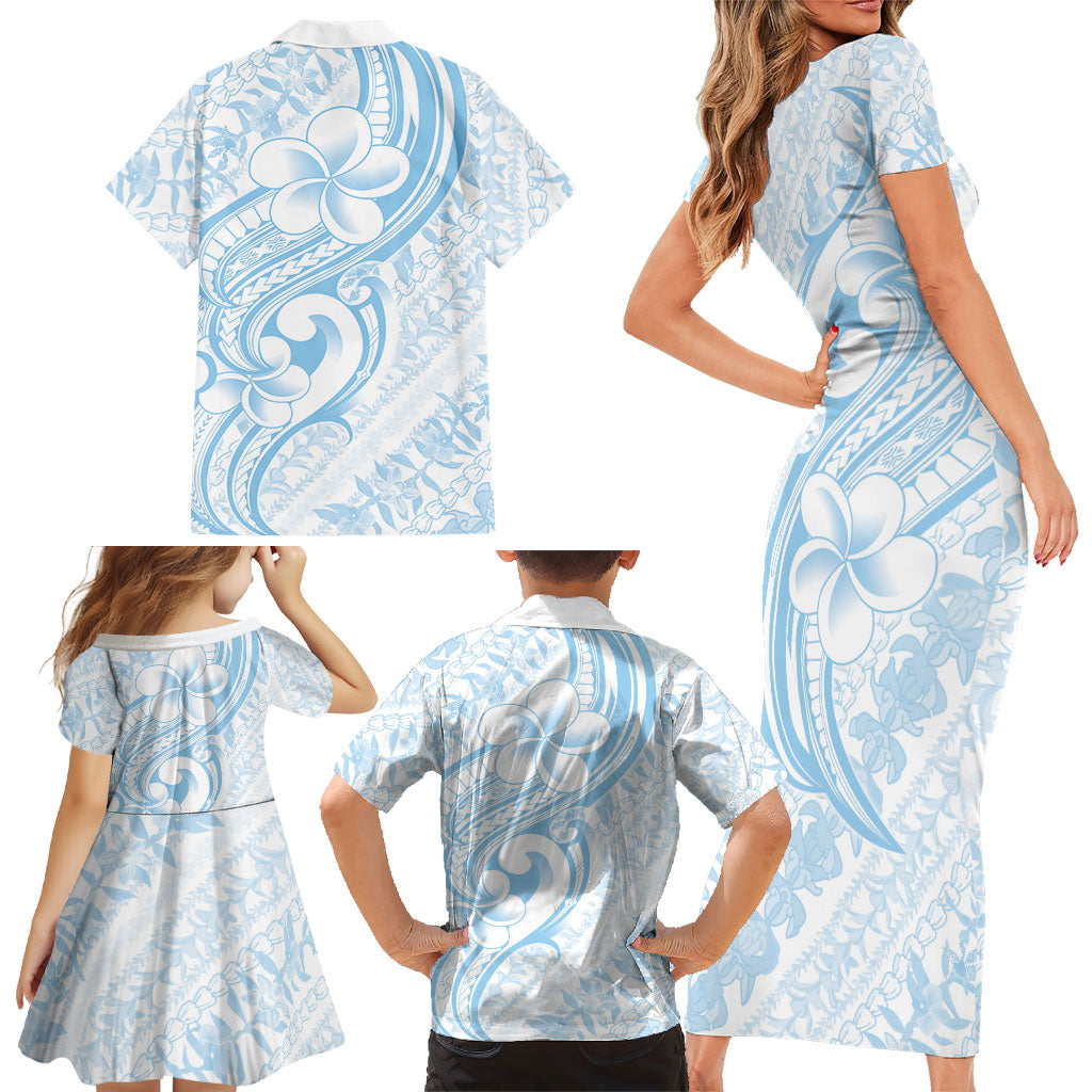 Hawaii Plumeria Lokelani Pikake Lei Family Matching Short Sleeve Bodycon Dress and Hawaiian Shirt Uliuli Polynesian Tattoo
