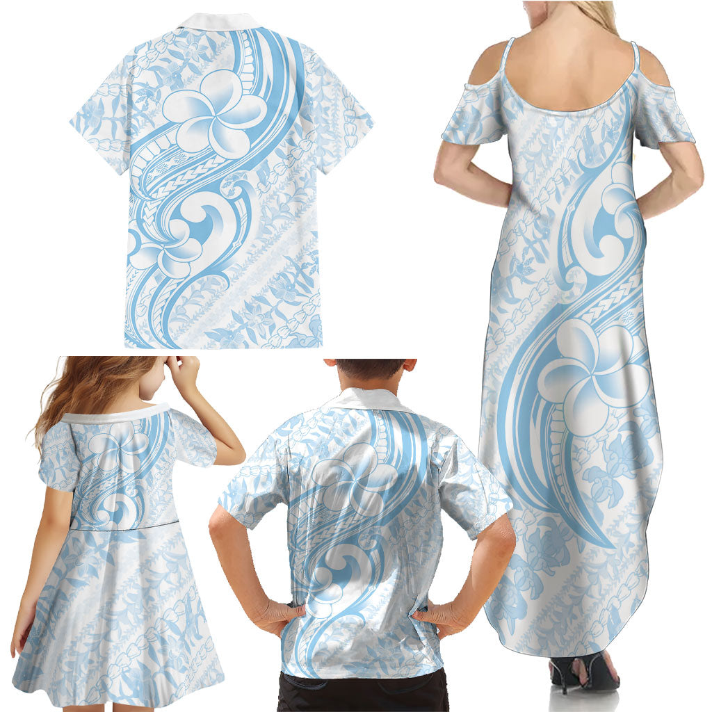 Hawaii Plumeria Lokelani Pikake Lei Family Matching Summer Maxi Dress and Hawaiian Shirt Uliuli Polynesian Tattoo