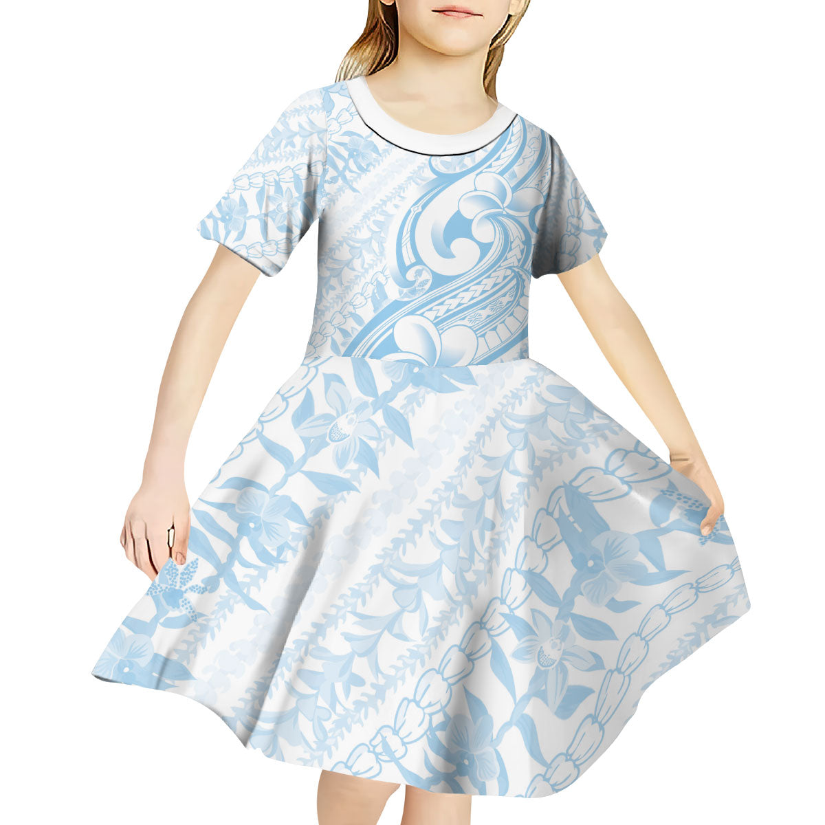 Hawaii Plumeria Lokelani Pikake Lei Kid Short Sleeve Dress Uliuli Polynesian Tattoo LT9 - Polynesian Pride