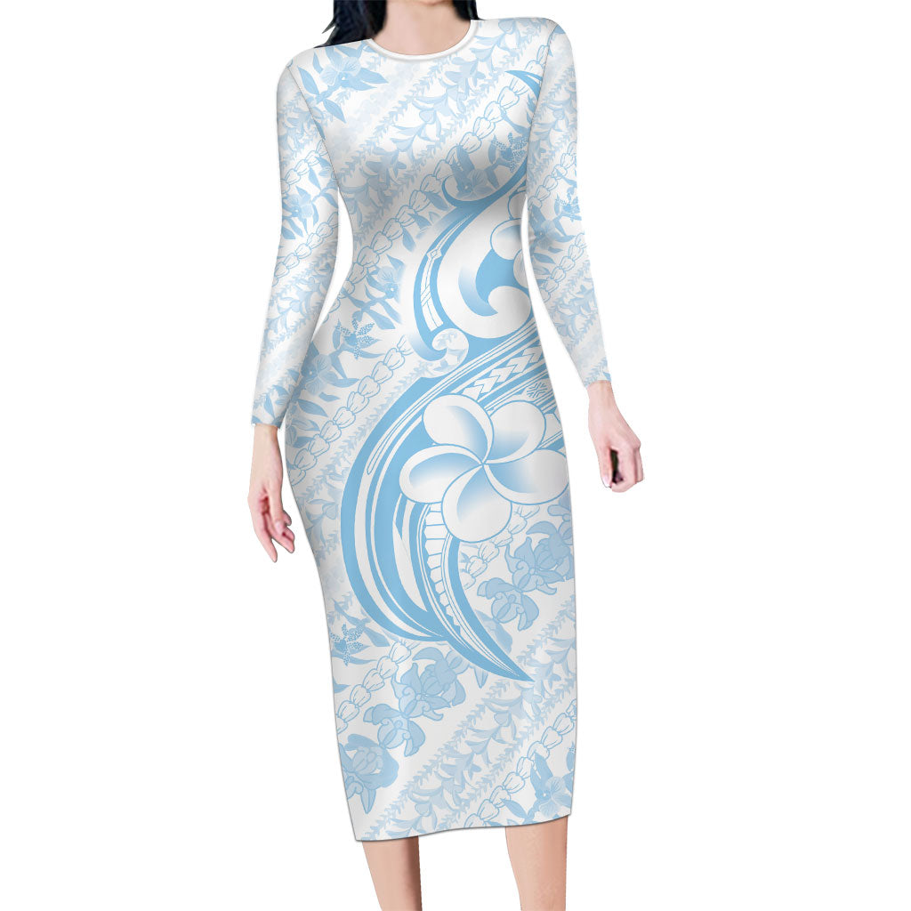 Hawaii Plumeria Lokelani Pikake Lei Long Sleeve Bodycon Dress Uliuli Polynesian Tattoo LT9 Long Dress Blue - Polynesian Pride